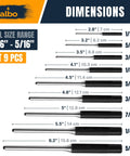 Nine-Piece SAE Roll Pin Punch Set with sizes from 1/16 to 5/16 inch, chrome vanadium, heat-treated, with knurled handles, dimensions shown