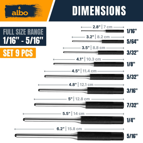 Nine-Piece SAE Roll Pin Punch Set with sizes from 1/16 to 5/16 inch, chrome vanadium, heat-treated, with knurled handles, dimensions shown