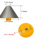 Diamond Beveling Chamfer Bits For Enlarge And Shape Holes In Tile Marble Glass Granite Ceramic Pro Grade Countersink Drill Bits 27mm To 82mm Diameter With 5/8-11 Threads Yellow Finish, top and side view with dimensions.