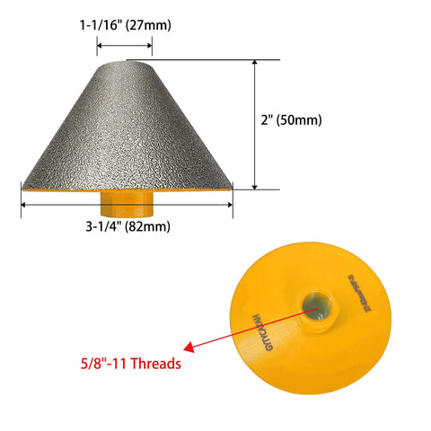 Diamond Beveling Chamfer Bits For Enlarge And Shape Holes In Tile Marble Glass Granite Ceramic Pro Grade Countersink Drill Bits 27mm To 82mm Diameter With 5/8-11 Threads Yellow Finish, top and side view with dimensions.