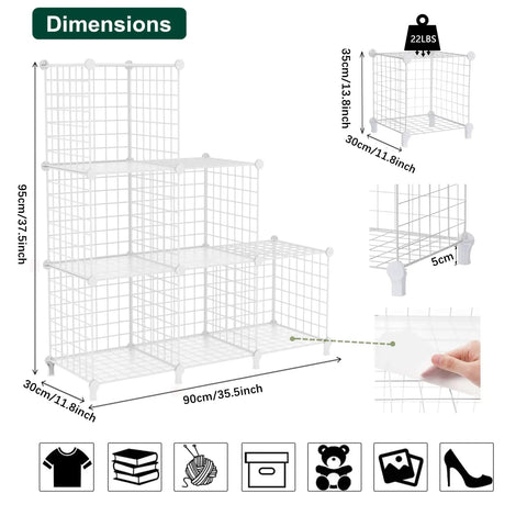 Wire Cube Storage Organizer 6 Cube Shelves Metal Bookshelf for Bedroom, Home and Office, with dimensions and weight details.