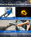 Mass Air Flow Sensor MAF Replacement For Subaru Forester Impreza Legacy Outback 2008 2009 2010 2011 2012 2013 2014 2015 2016 2017 2018 2.0L 2.5L Engines infographic showing check engine light and poor fuel efficiency
