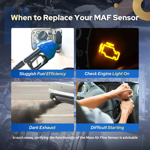 Mass Air Flow Sensor MAF Replacement For Subaru Forester Impreza Legacy Outback 2008 2009 2010 2011 2012 2013 2014 2015 2016 2017 2018 2.0L 2.5L Engines infographic showing check engine light and poor fuel efficiency
