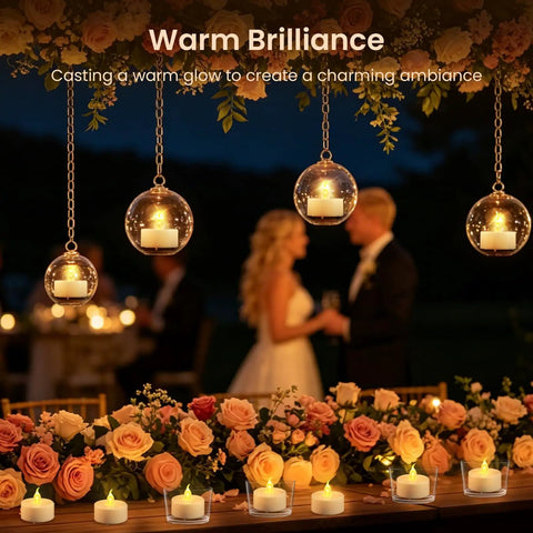 Flameless LED Tea Light Candles 24 Pack With Realistic Flicker Warm Yellow Glow Battery Operated Tealights For Party Wedding Valentines Day And Home Vibe, shown on a floral wedding table.