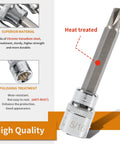 Close-up of Top Shelf 4 Pack Clutch Head Bit Socket Set, Chrome-Vanadium steel, 5/16 inch, heat treated for durability.