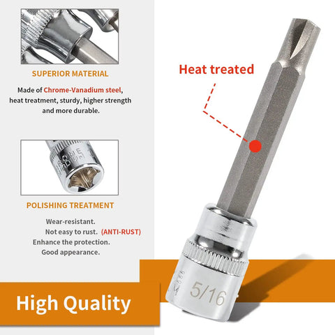 Close-up of Top Shelf 4 Pack Clutch Head Bit Socket Set, Chrome-Vanadium steel, 5/16 inch, heat treated for durability.