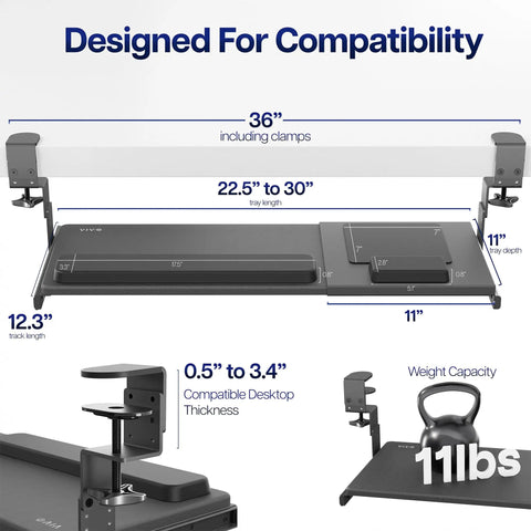 Dimensions and compatibility of Large Height And Width Adjustable Under Desk Keyboard Tray With C-Clamp Mount System, Black