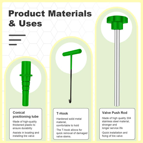 Conical positioning tube, T-hook, and valve push rod displayed in All In One Tire Valve Stem Core Replacement Tool Kit.