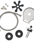 Parts for Straight Fire Stainless Steel Glass Rinser, including a stainless hose, rubber gaskets, and a sprayer plate.