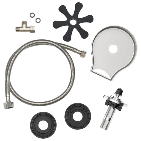 Parts for Straight Fire Stainless Steel Glass Rinser, including a stainless hose, rubber gaskets, and a sprayer plate.