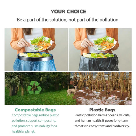 Comparison of compostable and plastic bags with text stating 'Your Choice' showing environmental impact, featuring Small 4 Gallon Compostable Trash Bags, Unscented, Leak Proof Biodegradable Wastebasket Liners, Blue, 100 Count, Perfect Bathroom Garbage Can Bags, Eco Friendly Kitchen Trash Bags Made From Plant Based Plastarch Material.