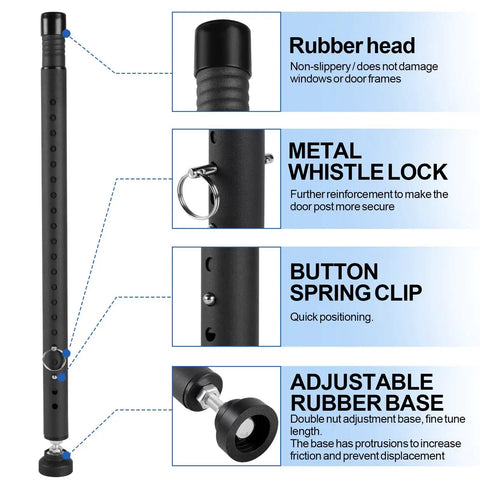 Rock Solid Adjustable Sliding Door Security Bar For Home And Apartment Bully Proof Steel Lock features rubber head, metal whistle lock, button spring clip, rubber base.