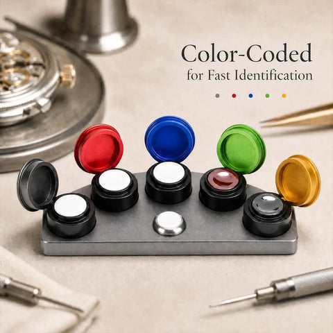 Color Coded Watch Oil Cup Set With Lids Five Empty Metal Oil Cups And Stand For Horology Repair On The Bench Oiler Kit
