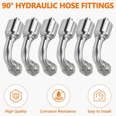 Set of six stainless steel 90° hydraulic hose fittings for 3/4" hose to 3/4" JIC 37° female elbows.