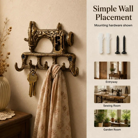 Slick Vintage Cast Iron Sewing Machine Wall Hook Rock Solid For Hanging Coats And Everyday Keys with scarf and keys.