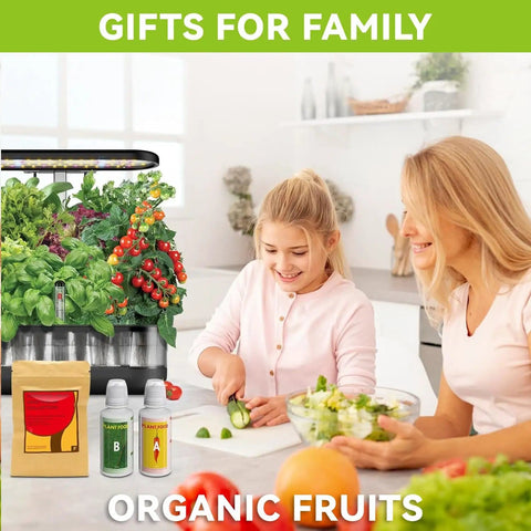 All In One Indoor Hydroponic Seed Pod Kit For Home Growers With 7 Pods And 350 Plus Seeds For Strawberry Tomato Cucumber Pea And Beet Includes Sponges Domes Baskets Labels And 200ml A B Plant Food with family preparing salad in kitchen.