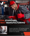 Mechanic in red gloves working on an engine, demonstrating strict manufacturing standards for quality control.