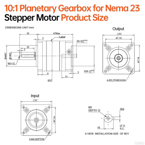 Diagram of Ten To One Planetary Gearbox For Nema 23 And 24 Stepper Motors With 57 To 67 Mm Body Length, showing dimensions.