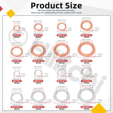 Oil Drain Plug Gasket And Washer Set 160Pcs In 16 Sizes M6-M20, copper and aluminum flat washers with detailed size chart