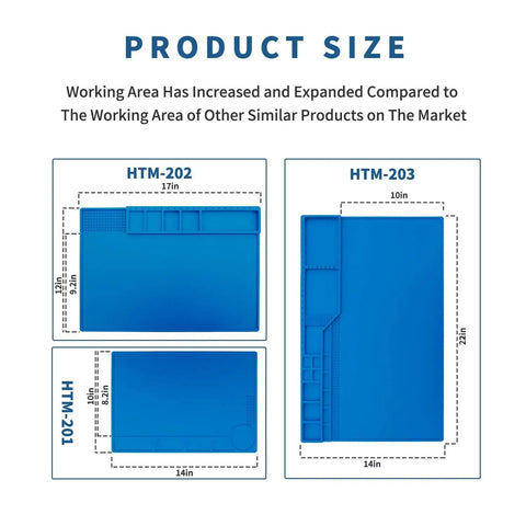 Comparison of Pro Grade Heat Insulation Silicone Repair Mat with scale ruler, pockets, guides in sizes 22x14, 17x10, 10x13 inch.