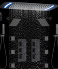 WHSHOWER Matte Black Thermostatic Shower System with Body Jets Shower Set featuring LED ceiling shower head and handheld jets.