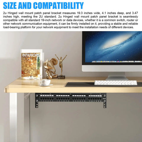 Straight Up Heavy Duty 2U Hinged Wall Mount Patch Panel Bracket Vertical Rack For 19 Inch Server Racks And Network Switches mounted under desk.