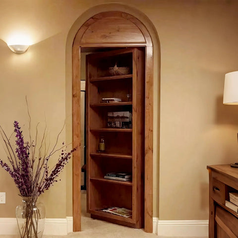 Heavy Duty Pivot Hinge For Hidden Doors And Secret Rooms Invisible 360 Degree Rotating Door Hinge For Bookshelf And Revolving Bookcase Doors Stainless Steel Brushed Nickel Finish 1 Pack installed in a wooden bookshelf doorway