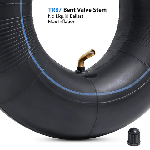 Heavy Duty Inner Tube Beefy Thick 4.10/4.00/3.50-6 With TR87 Bent Valve Stem, close-up of valve and tube texture