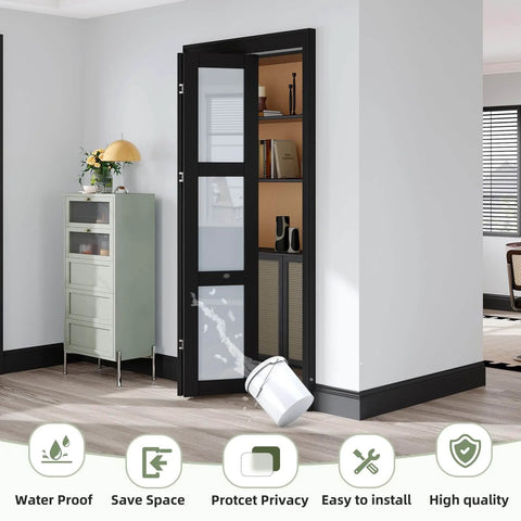 Black Interior Bifold Closet Door Set For 36 By 80 Opening With 3 Lite Tempered Frosted Glass, installed in a living room corner.