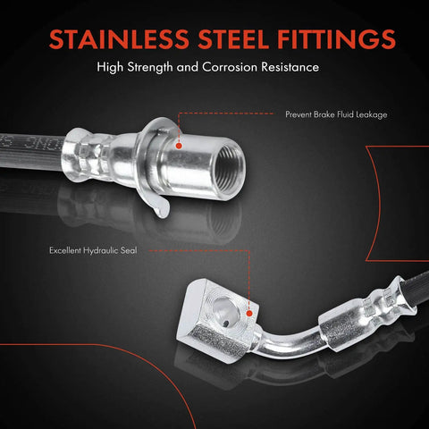 Close-up of stainless steel fittings on Front Side Brake Hydraulic Hoses for Chevy GMC Cadillac Trucks and SUVs Pack of 2