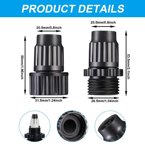 4 Pack Garden Expandable Hose Repair Kit for Three Quarter Inch Fittings with plastic faucet adapters and rubber gaskets