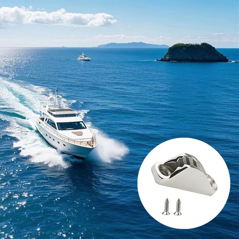 316 Stainless Steel Clam Cleat For Boats And Kayaks, Rugged Marine Grade Rope Cleat, Rust Resistant Cleat For Kayaks Or Sailboats, Built To Last In Harsh Wet Environments, shown with a yacht in the ocean