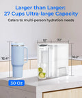 Mega Electric Water Filter Dispenser For Home Use, 27-Cup Capacity, beside a 30 oz blue tumbler on countertop