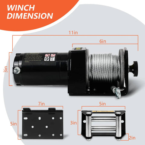 Dimensions of Beefy 2000 Lb Electric Winch For ATVs And UTVs 12V DC Waterproof Steel Rope Winch Kit detailed view