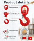 1 Ton Swivel Lifting Hook And Three Eighths Inch D Ring Anchor Shackles Set For Lifting And Towing Heavy Duty Grade 80 Alloy Steel Rigging Gear With 2 Swivel Hooks And 2 D Shackles Ideal For Construction And DIY Projects, red swivel hook close-up