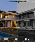 Wired Floodlight Security Camera With 2K Clarity showing color night vision in a modern home exterior, split screen view