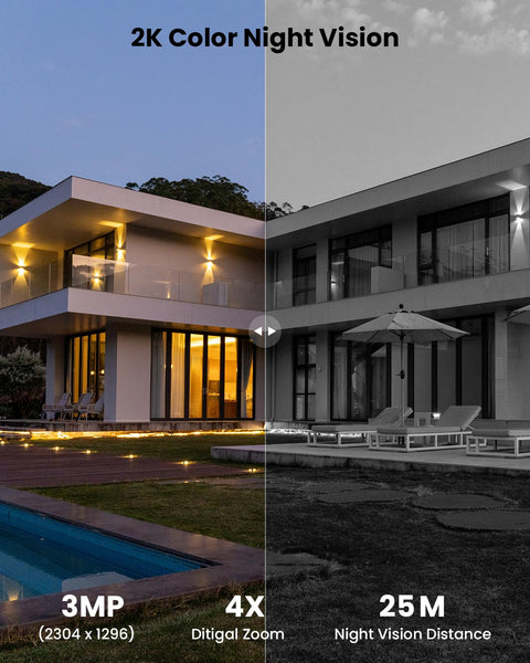Wired Floodlight Security Camera With 2K Clarity showing color night vision in a modern home exterior, split screen view