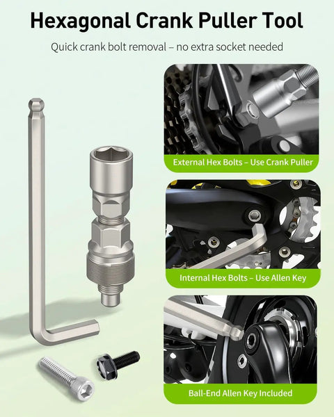 Pro Grade Heavy Duty Bicycle Crank Puller Set For Square Taper Shimano Octalink ISIS And Splined Cranks with hex key tool.