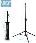 Two tripod stands included in the 1600W 6-Channel Powered Bluetooth Mixer PA System. One collapsed, one fully extended 46.5 inches.
