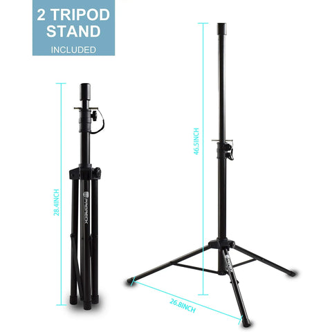 Two tripod stands included in the 1600W 6-Channel Powered Bluetooth Mixer PA System. One collapsed, one fully extended 46.5 inches.