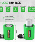 Two Newhai 20-ton hydraulic porta power jacks with CP-180 hand pump, green lifting cylinders.