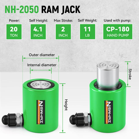 Two Newhai 20-ton hydraulic porta power jacks with CP-180 hand pump, green lifting cylinders.