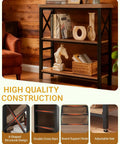 Slick Three Tier Industrial Bookshelf With Heavy Duty Metal Frame And Solid Back Panel showcasing quality construction details in home setting.