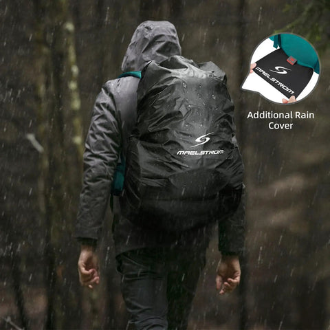 Hiker in rain with 40L Waterproof Hiking Backpack For Outdoor Adventures Go To Ultra Lightweight Daypack, showing additional rain cover.
