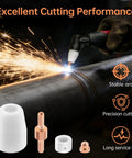 60 Piece PT31 Plasma Cutter Consumables Kit For PT31 JG40 LG40 Torches With Shield Cups Nozzles Rings And Electrodes shown cutting metal pipe