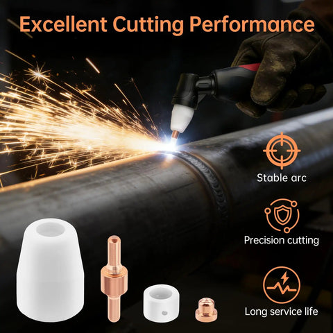 60 Piece PT31 Plasma Cutter Consumables Kit For PT31 JG40 LG40 Torches With Shield Cups Nozzles Rings And Electrodes shown cutting metal pipe