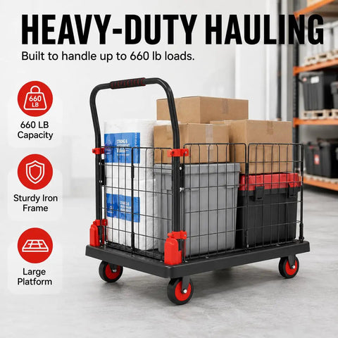 Foldable Cage Cart And Flatbed Hand Truck 2 In 1 Multi Purpose Dolly With 660 Lbs Capacity For Grocery Laundry Garage Warehouse Four Swivel Wheels Heavy Duty All In One, 35x24x39 in iron frame cage cart loaded with boxes