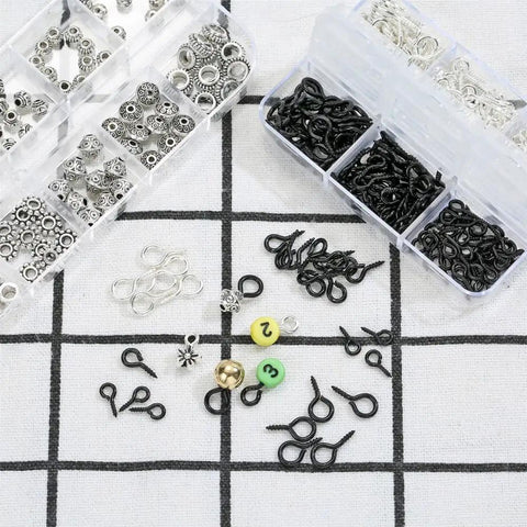 Must Have 300Pcs Small Screw Eye Pins For Jewelry Making And DIY Crafts in black and silver, three sizes 8x4mm, 10x5mm, 13x6mm on display