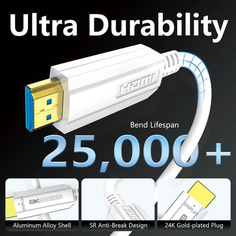 Pro Grade White Fiber Optic HDMI Cable 30 Feet Long Delivers 8k At 60Hz And 4k At 120Hz Visuals 48Gbps with gold-plated plug.