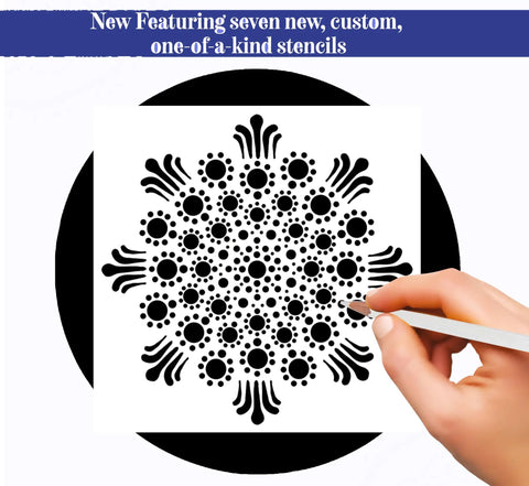 Hand using stencil from Beginner Mandala Painting Kit With 46 Pieces, Acrylic Paints, Reusable Stencils And Dotting Tools.